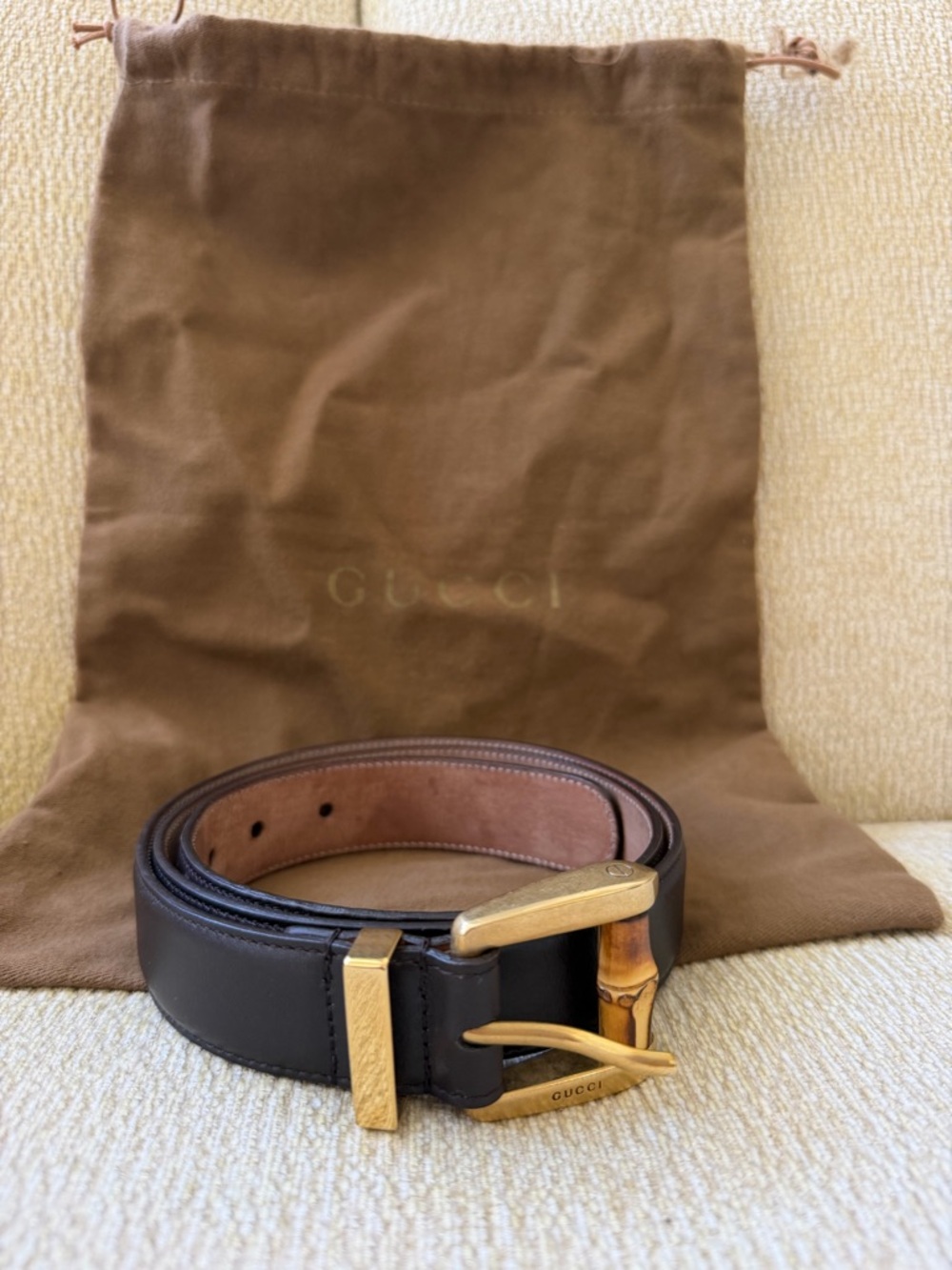 Gucci Black Leather Belt with Gold Bamboo-Style Buckle